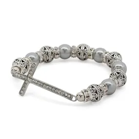 Stretch Bracelet Cross Grey Pearl