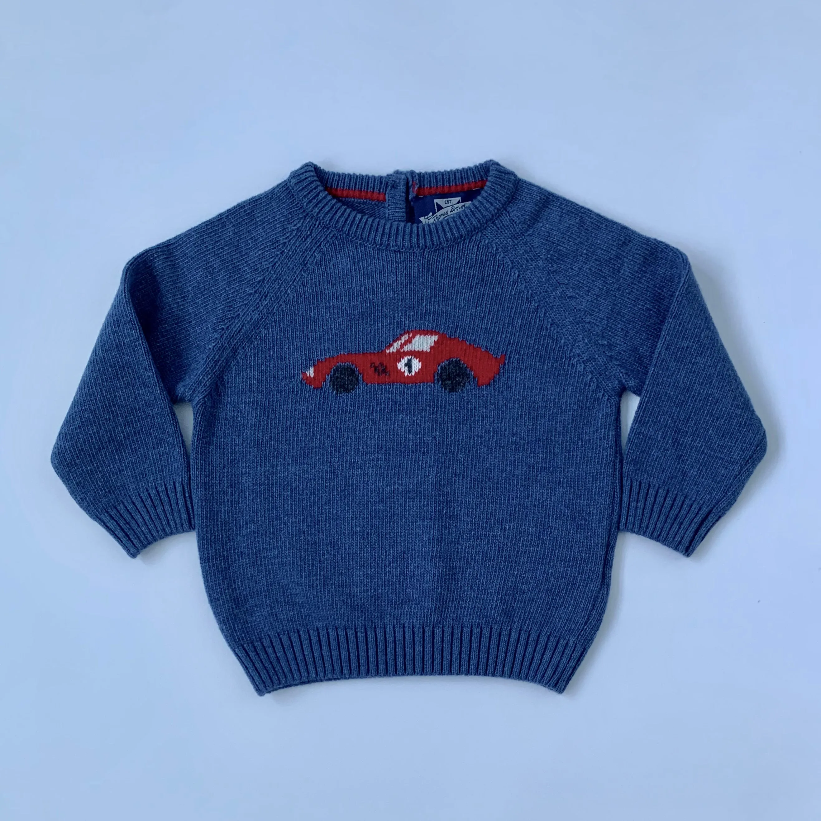 Thomas Brown Blue Wool/ Cashmere Mix Jumper With Car Motif: 12-18 Months