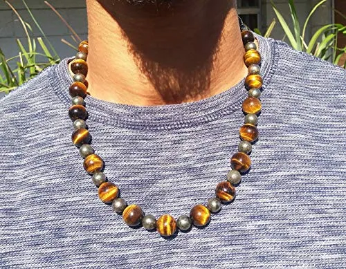 Tigers Eye and Pyrite Necklace for Men - Magnetic Clasp Necklace