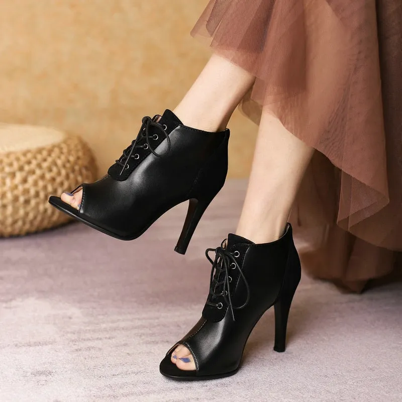 Women's Elegant Solid Color Peep Toe Lace-up Party High Heel Shoes