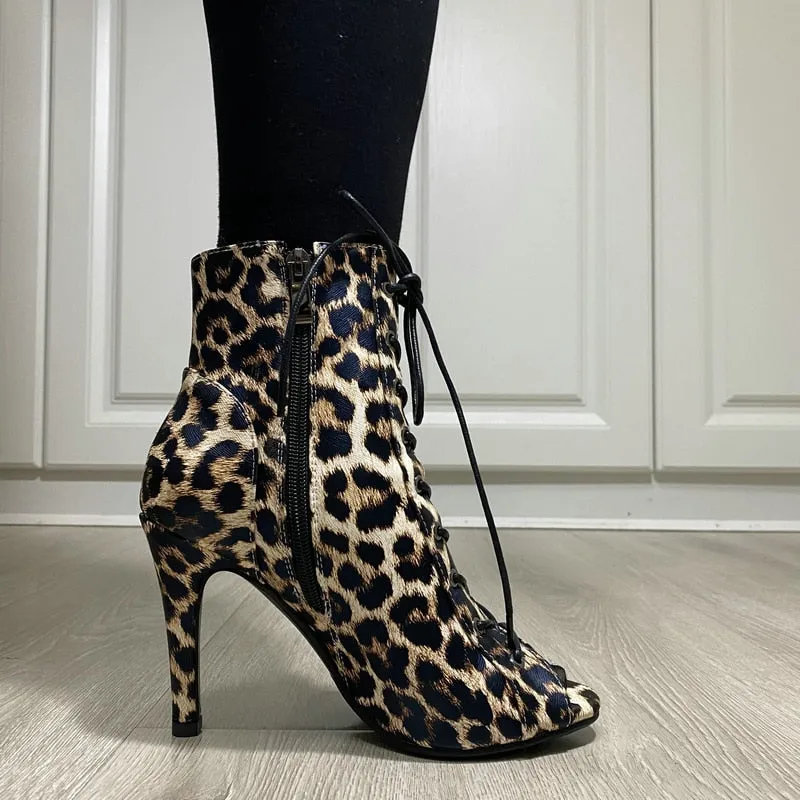 Women's Indoor Dance Fashion Leopard Peep Toe High Heel Gladiator Shoes