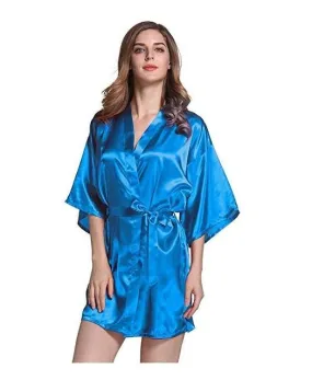 Women's Summer Style Silk Satin Floral Bathrobe Short Kimono Night Robe